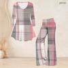 Women Plus Size V Neck Three Quarter Sleeve Plaid Printed Tunic Top Flared Pants Two Piece Set
