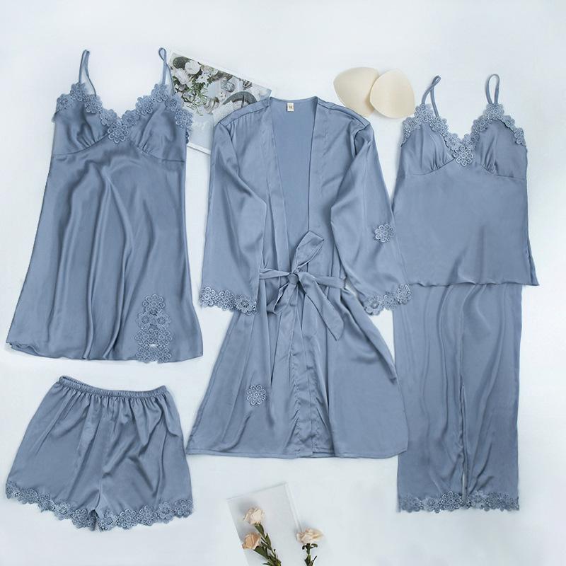 Yao Ting Satin Chiffon Five-Piece Pajama Set: Ice Silk, Casual, Sexy, with Chest Pads for Spring/Summer