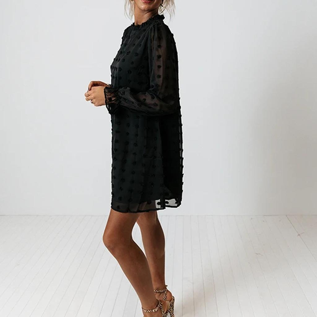 Women's Fall Dress Long Sleeve Dot  Dresses Loose Chiffon Casual Short Dress