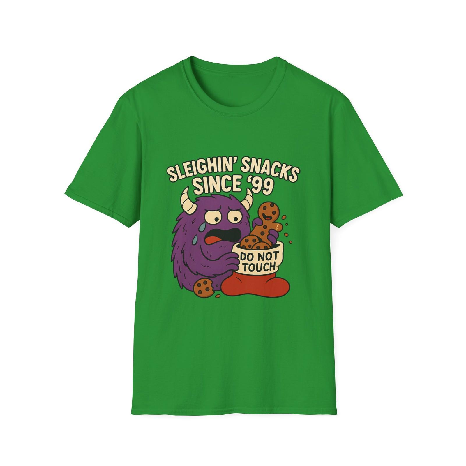 Unisex Softstyle T-Shirt Mens Womens Tees Top Sleighin’ Snacks Funny Monster Christmas Cookie Humor L