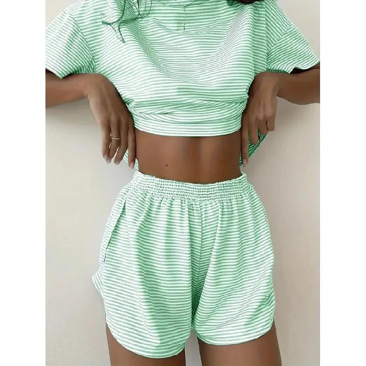 2026 New women's striped pajama set summer short sleeved T-shirt and shorts 2-piece set home wear casual loose round neck pajama