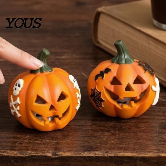 Festive Holiday Home Ornaments Spooky Lighted Pumpkin Figurine, Halloween Engraved Light-Up Resin Decorations Statue for Tabletop Indoor Outdoor