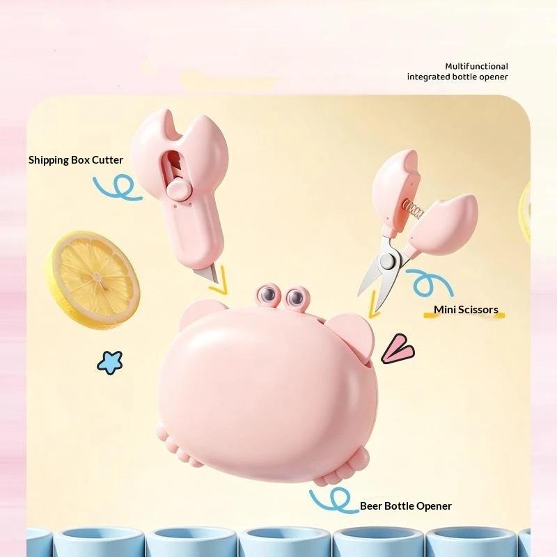 Cute Crab Shaped Multifunctional Bottle Opener With Magnetic Back Built In Mini Scissors Box Cutter For Home Kitchen Daily Use
