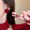 2023 Retro Red Flock Rose Stud Earrings – Elegant Autumn/Winter Flower Accessories for Women