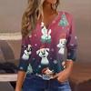 Women's T Shirt Tee Christmas Printed Button 3/4 Sleeve Tunic Daily Weekend Fashion Basic V- Neck Regular Top