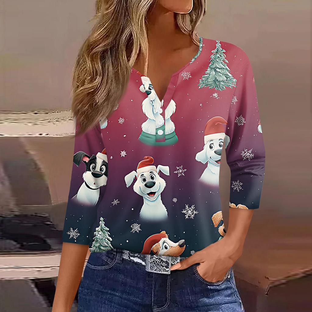 Women's T Shirt Tee Christmas Printed Button 3/4 Sleeve Tunic Daily Weekend Fashion Basic V- Neck Regular Top
