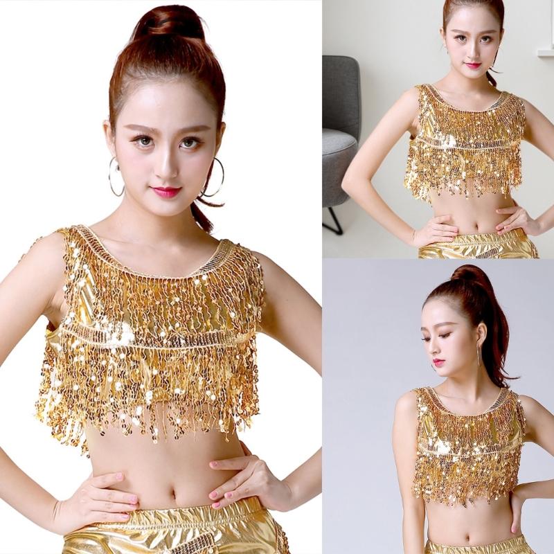 Belly Dance Performances Sequins Fringe Vest Elastic Stretch Fabric Round Neck Stage Show Costume