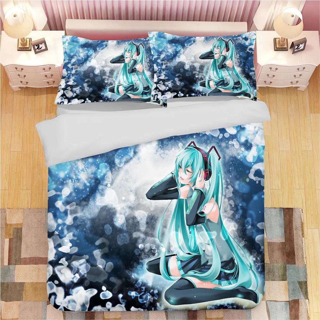 3D Print Japanese Catoon Kawaii H-Hatsune M-Miku Bedding Set 3piece Duvet Cover Pillowcase for Teen Girls Room Decor Gifts