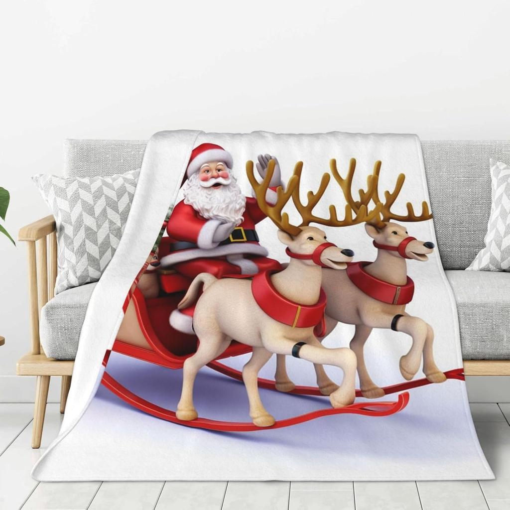 Santa Claus Reindeer Sled Throw Blanket Ultra Soft Cozy Fleece Blanket Lightweight Warm Bed Blanket All Season for Home Living