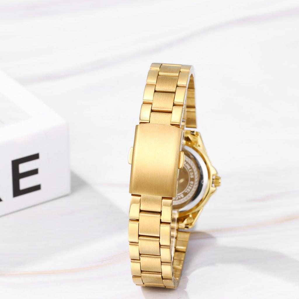 Women's Watch with Round Dial, Rainproof, Large Dial, Triple Lens, Stainless Steel, Bar Index, Quartz Movement, Adjustable, Gold Dial, Perfect Gift