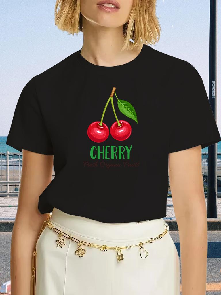 Cherry Blossom Graphic Print Crew Neck T-Shirt - Women's Casual Short Sleeve Summer & Spring Top Relaxed Fit