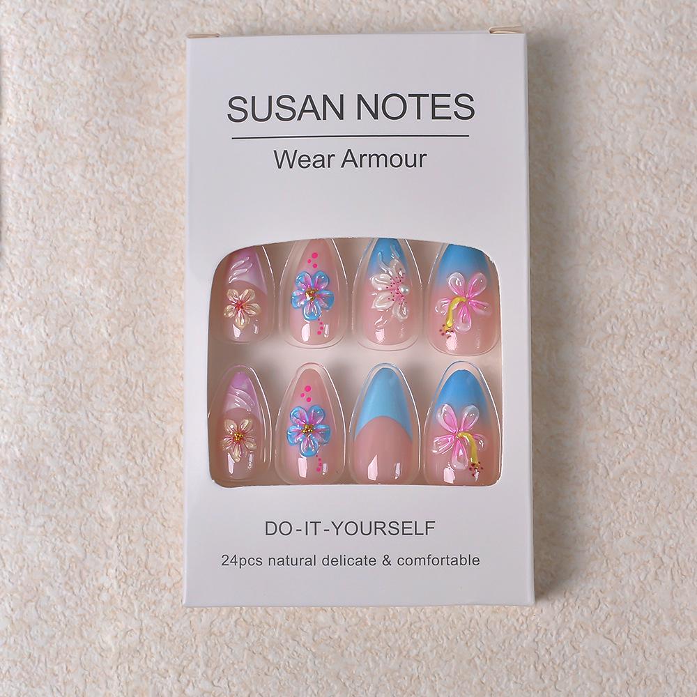 24-Piece French 3D Flower Nail Art Set: Handmade Almond-Shaped Wearable Nails with Removable Glued Design.