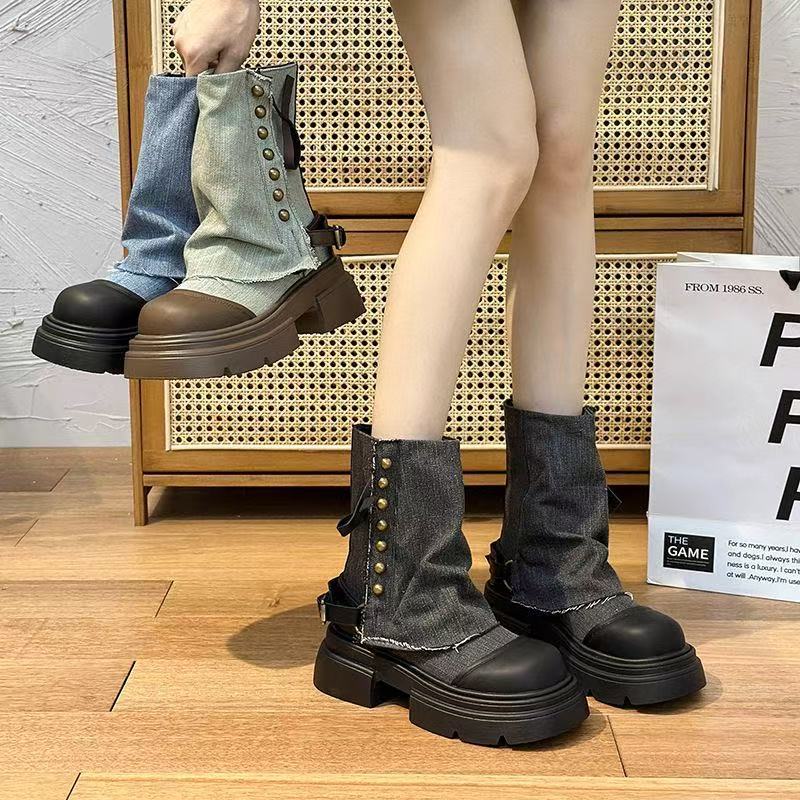 Short Boots Women's Summer 2026 New Autumn Western Denim Single Boots British Style Pants Leg Short Boots