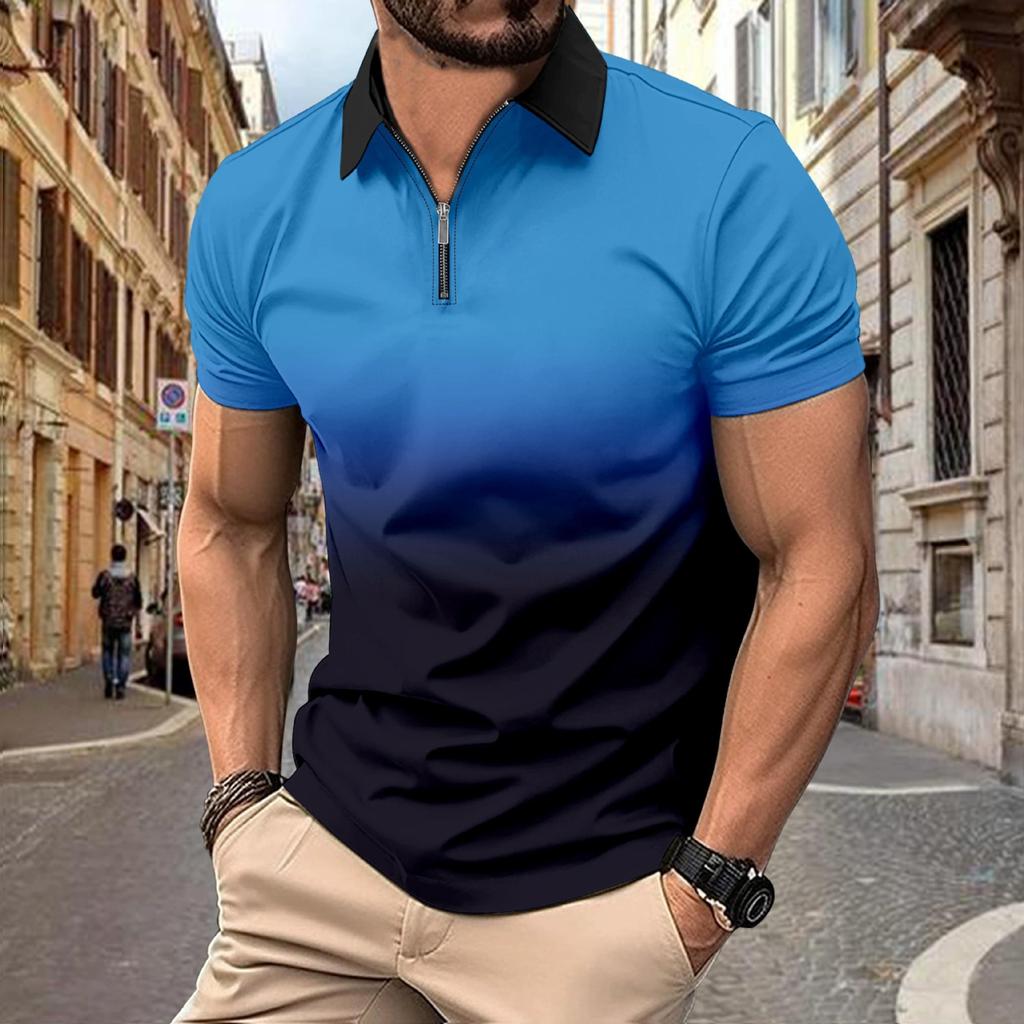 Men'S Short Sleeve Zipper Polo Shirt Interface Color 3D Printing Business Fashion Casual Shirt