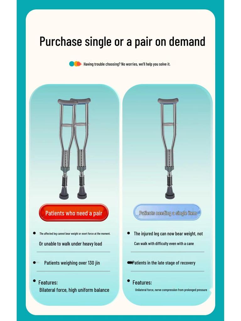 Adjustable Anti-Slip Stainless Steel Underarm Crutches - Medical Grade Double Crutches