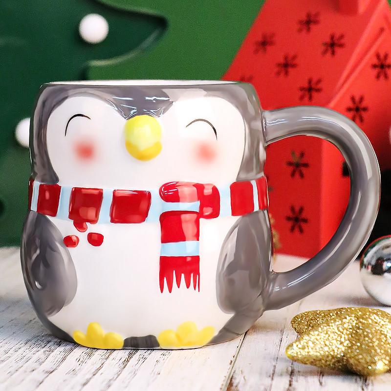 Creative Novelty Ceramic Mug Christmas Gift With Cute Cartoon Animal Embossment Handle Water Cup for Tea Coffee Festive Gift