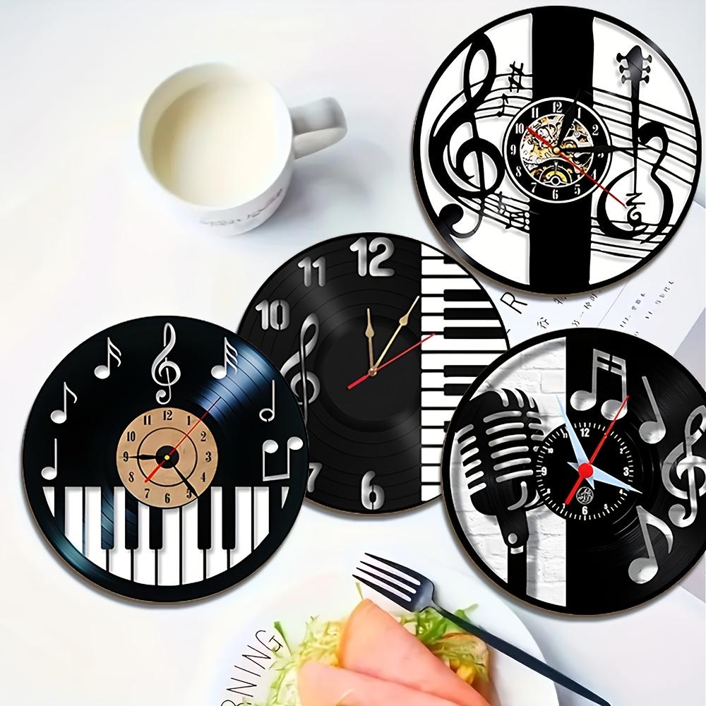 Set of 6 2D Musical Clock Wooden Coasters Non-Slip Heat ResistantTableRunner Home Office Cafe Bar Kitchen Restaurant Decoration