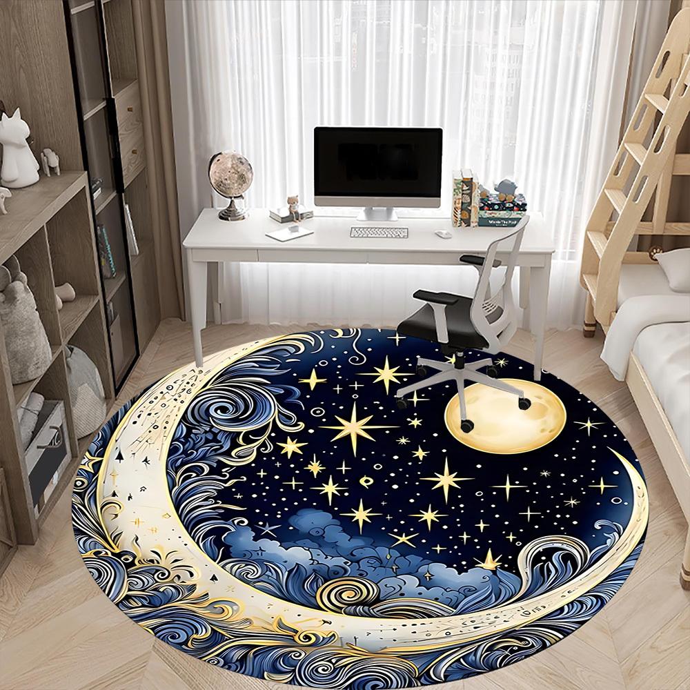 1pc Moon Stars Office Round Area Rug, Under Office Chairs Bedroom Living Room Home Decor, Room Deco