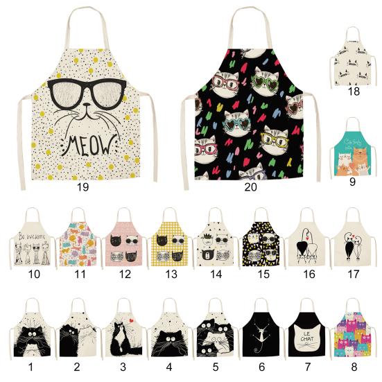 Lovely Cat Pattern Apron Breathable Good Woven Cotton Flax Cooking Apron for Home