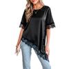Women's Round Neck Short Sleeve Tee Loose Fit Casual Solid Lace Asymmetric Hem Blouse