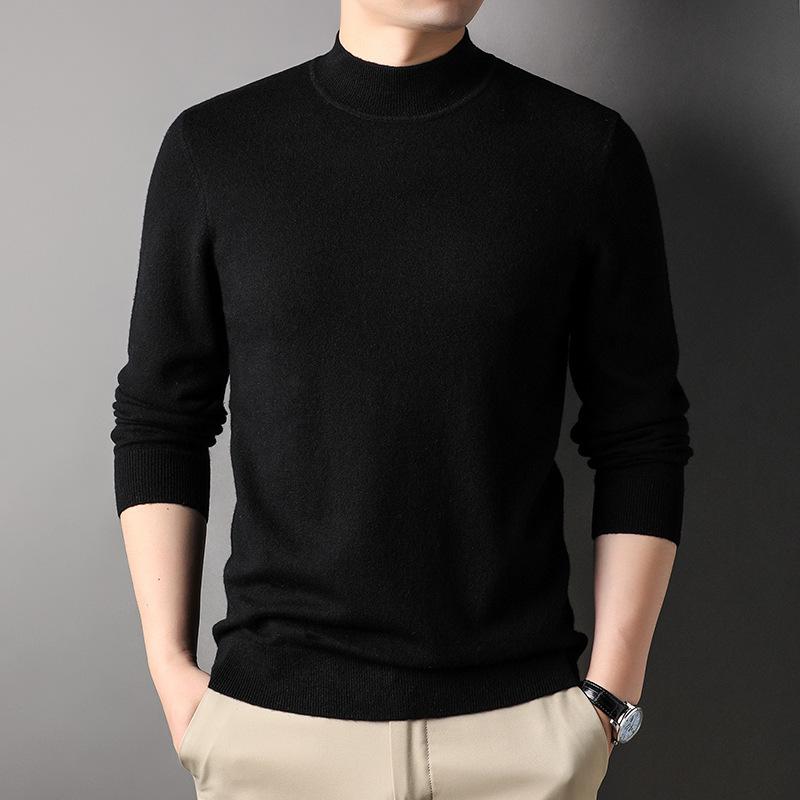 Machine Washable Thickened Full Wool Men's Half Turtleneck Sweater Versatile Solid Color Warm Knitted Base Sweater Men