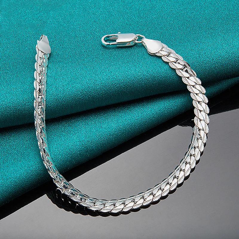 Fashion 925 Silver Bracelet 6mm 18/19/20cm Flat Side Chain Lobster Clasp For Woman Man Wedding Engagement Jewelry Gift
