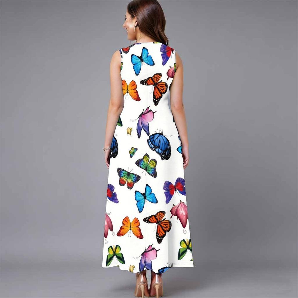 Plus Size Sleeveless Crew Neck Dress Fresh Wild Blossom Print Flowy Knee Length Outfit