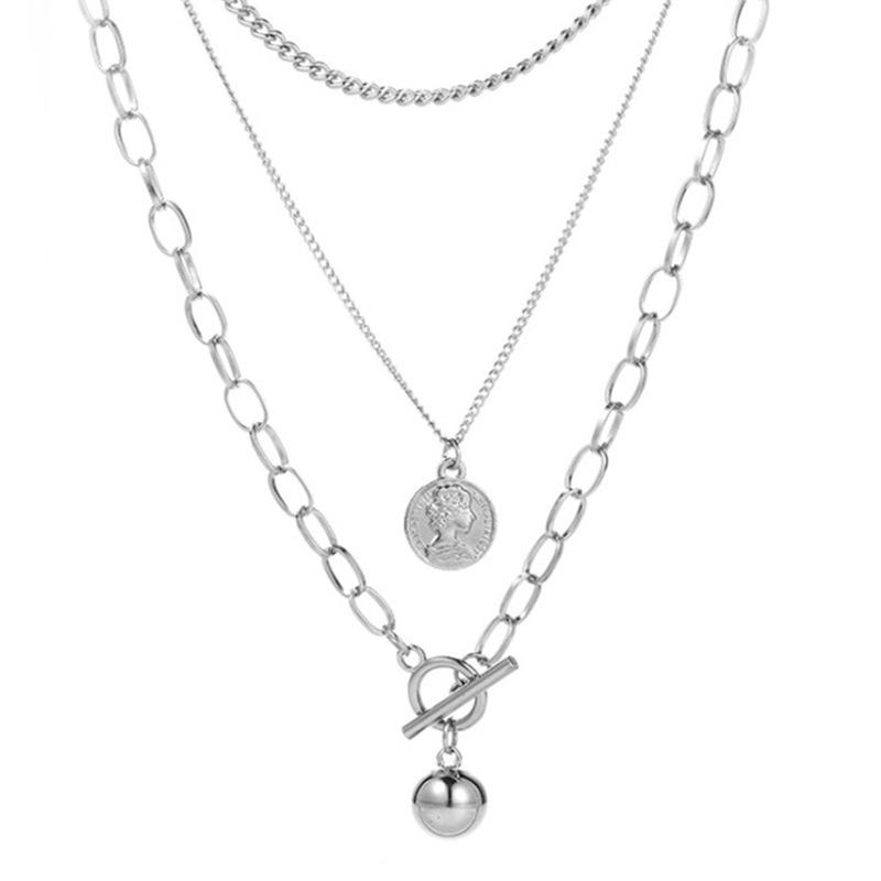 Cold wind three layers stacked hip-hop long necklace women s versatile coin pendant earth cool trend accessories