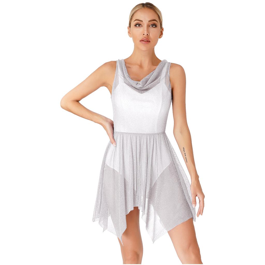 Women Glittery Draped Neck Sleeveless Dance Dress See Through Asymmetrical Hem Performance Gown