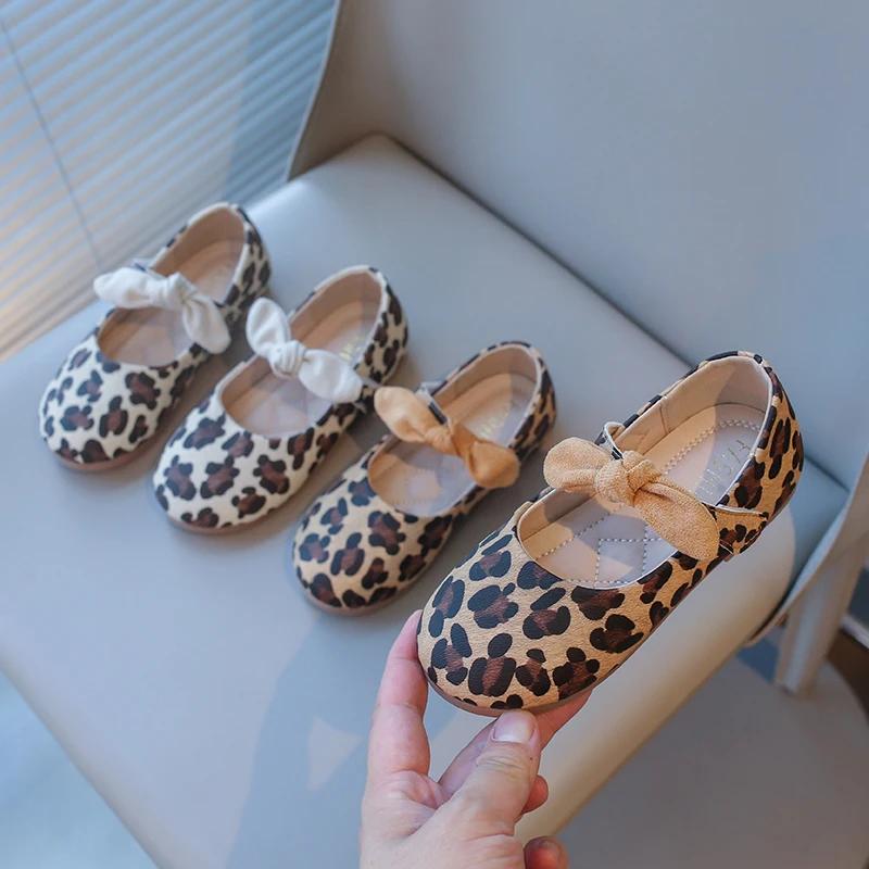 Girls Mary Janes Leopard Prints Style Fashion Princess Kids Leather Shoes with Bow-knot Sweet Chic 2025 Spring Autumn Brand New