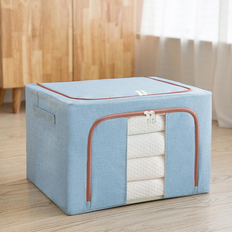 Large Capacity Foldable Storage Box, Cotton Linen Organizer with Steel Frame for Home Quilts and Clothes
