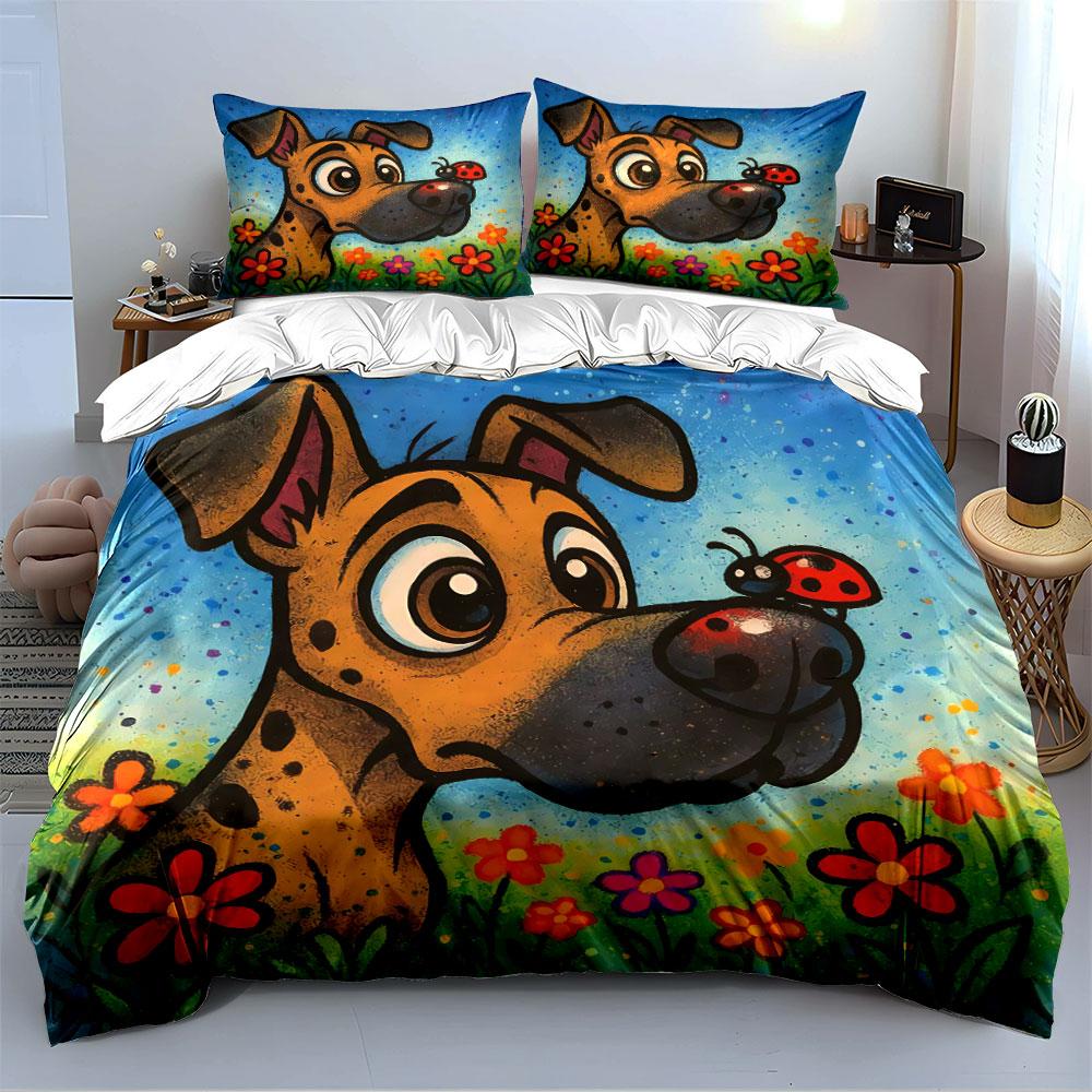 Cartoon Dog with Ladybug Pattern Bedding Duvet Cover Set Duvet Cover Pillowcases  (1*Duvet Cover 2*Pillowcases, Without Duvet Insert)