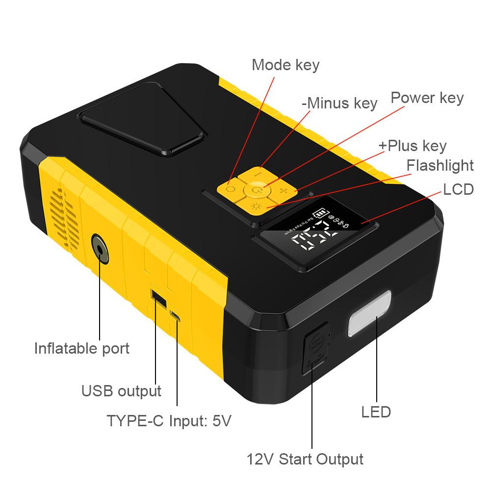 Car Jump Starter With Air Compressor 12V 26800mAh Lithium Jump Box Emergency Start Power Vehicles Tire Inflator With LCD Display