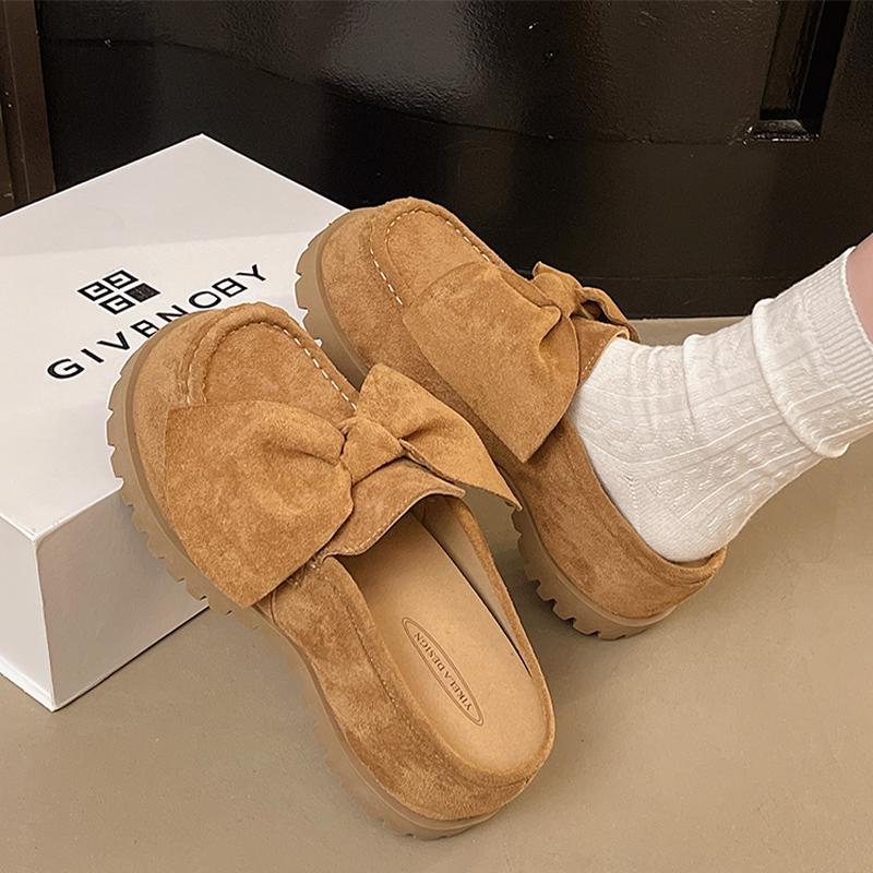 

Fashion Bow Flats Women Mules Shoes Platform Suede Slingback Slippers Fashion Dress Sandals 2025 Casual Cozy Designer Zapatos De Mujer 40