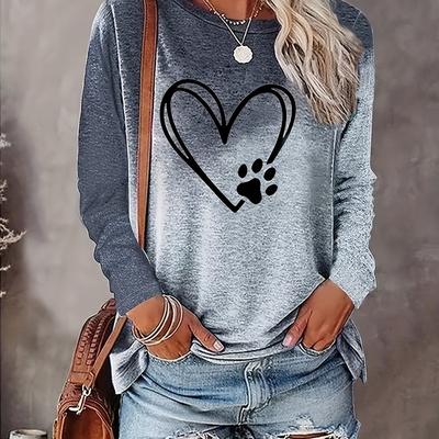 Heart and Paw Print Crew Neck T-shirt, Spring and Autumn Casual Long-sleeved Tops, Women's Clothing