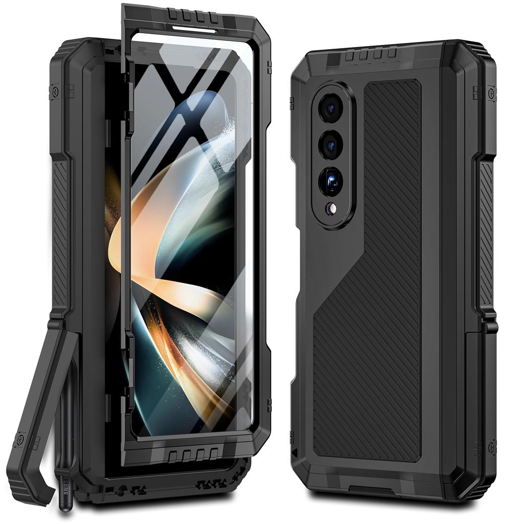 Custodia in Metallo con Cavalletto per Samsung Galaxy Z Fold 4, Cover Protettiva Ammortizzante in Alluminio a 3 Strati per Tutta la Superficie per Z Fold 4