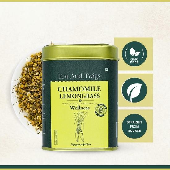 Tea And Twigs - Chamomile Lemongrass Tea - 15 Tea Bags (30 Grams) | Herbal Teas | For Good Sleep and Anti Anxiety | Whole Flower Buds of Chamomile