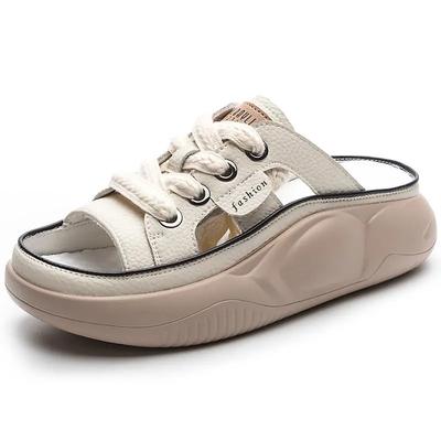 Papuci din Piele Naturală Femei Mules Decupați Vară Deschisi la Vârf Respirabili Pantofi Casual Pană Platformă Adidași cu Șireturi