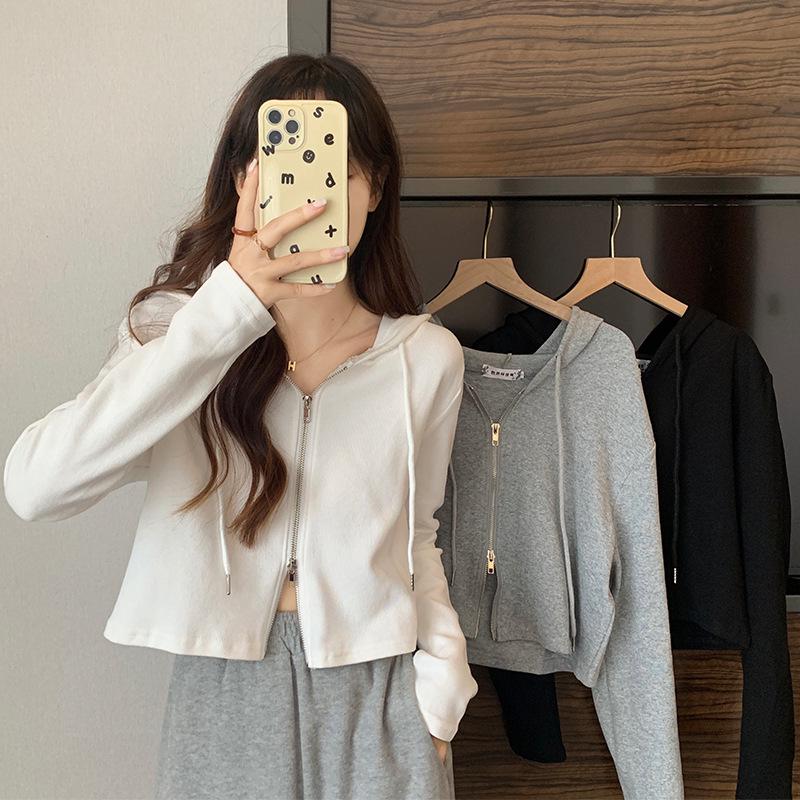 

Korean Style Double Zipper Drawstring Women s Hoodie with Unique Design Small серый