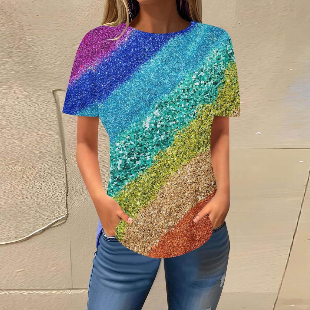 Summer Round Neck 3D Gradient Glitter Print Top Fashionable Casual Short Sleeved Women's T-shirts