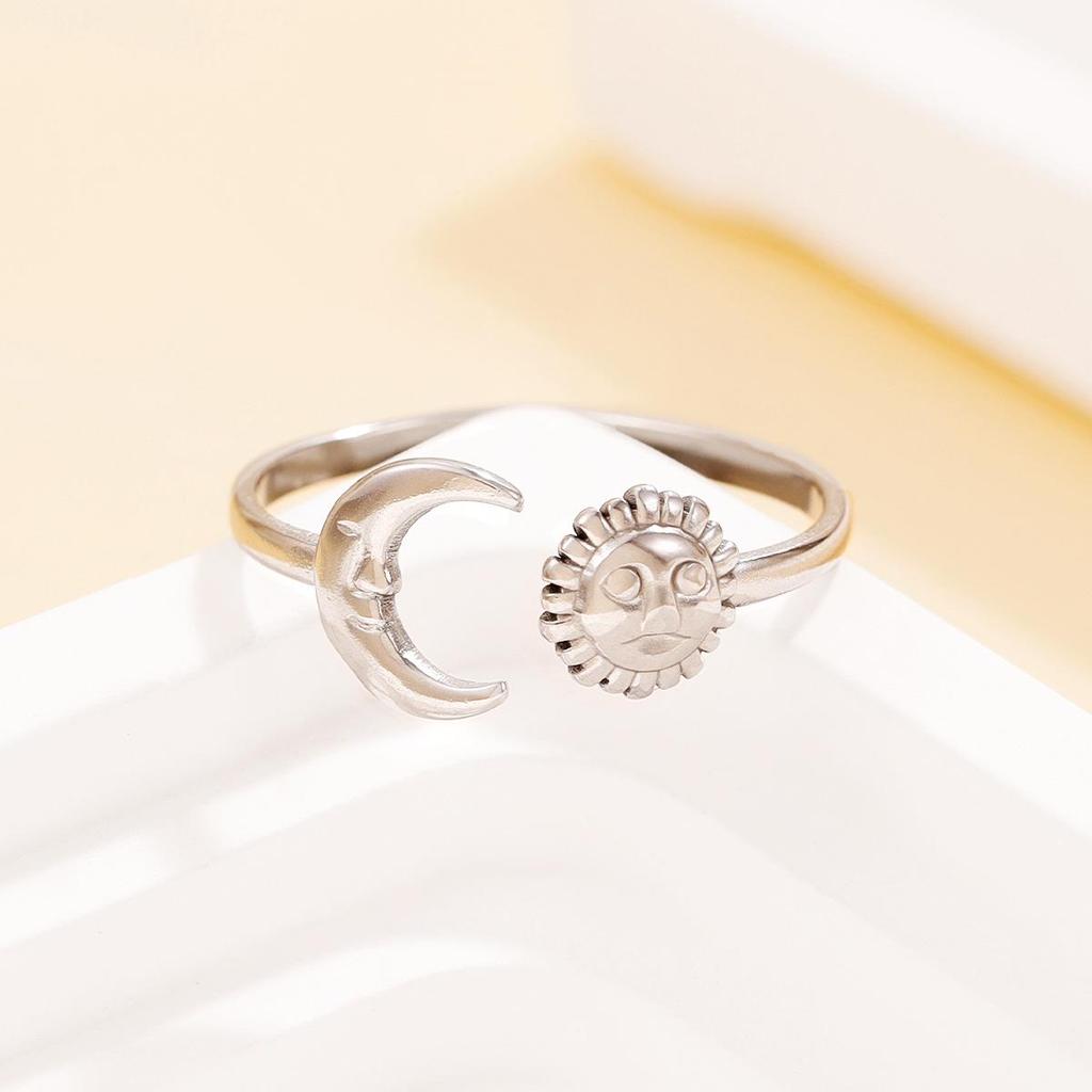 Stainless Steel Ethnic Style Moon Sun Portrait Multi-Element Adjustable Ring