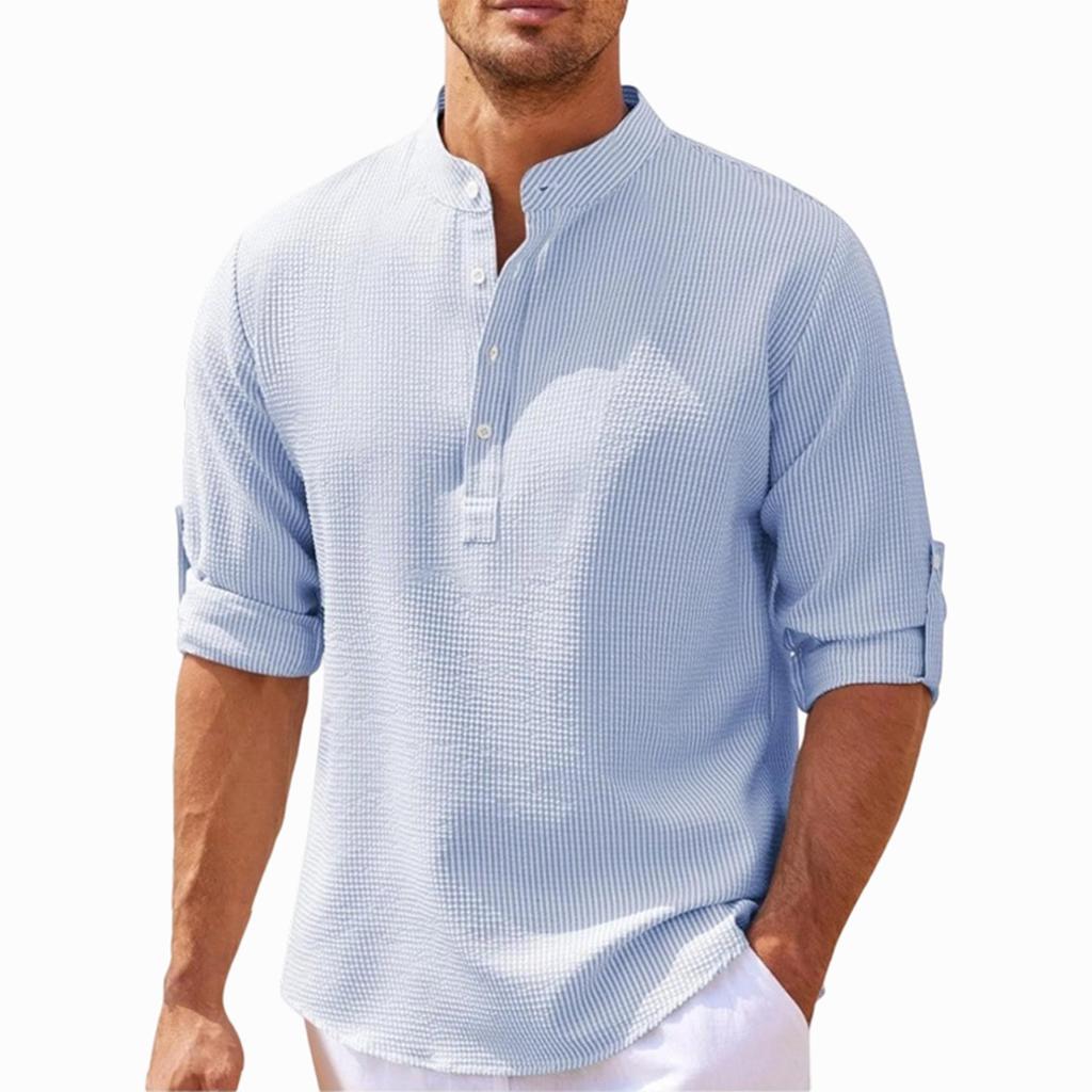 Men's Casual Long Sleeve Shirt Pullover Stand Collar Buttoned Henley Shirt Lightweight Relaxed Fit Top for Daily Wear