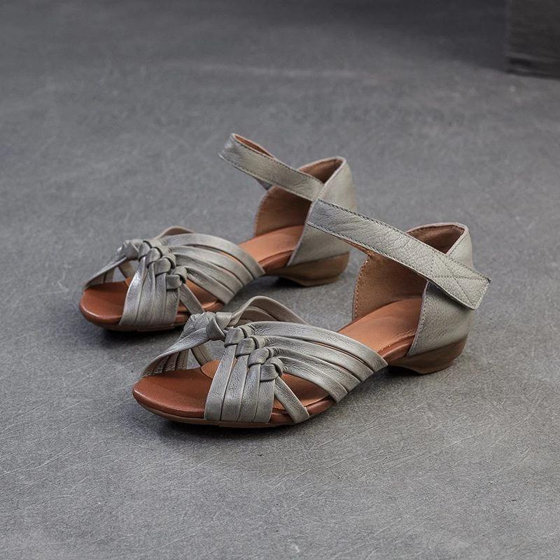 2025 Summer New Peep Toed Sandals women Hollowed Out Hand Woven Flat Sandals Leather Retro Low Heel