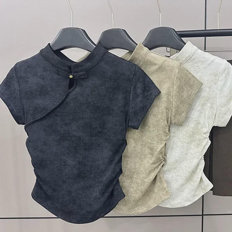 2024 Retro Chinese-Style Buttoned Gradient T-Shirt - Women's Short-Sleeve Summer Design