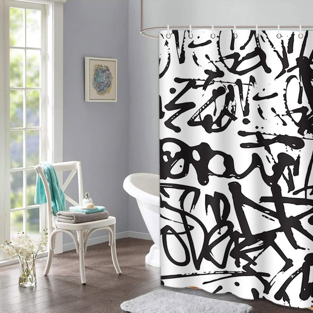Duschdraperi med graffiti- och abstrakt tryck Vintage Old School Svart Polyestertyg Badrumsgardin Med Krok