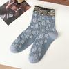 Autumn Winter Mid Calf Socks for Women Japanese Embossed Floral Cotton Socks Court Retro Ethnic Artistic Style Soft Casual Socks