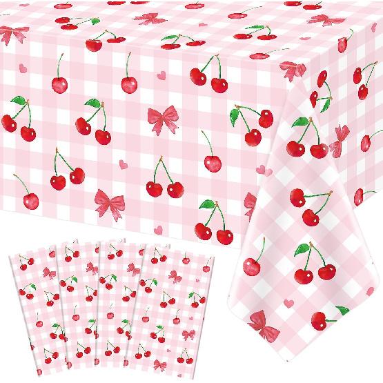 4Pcs Cherry Tablecloth Bow Party Tablecloths Pink Checkered Bow Plastic Table Cloth Cherry Birthday Decorations Fruit Theme Party Supplies Wedding