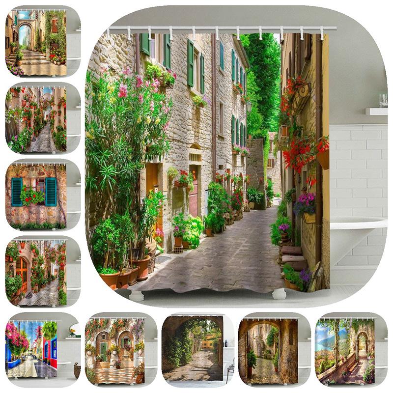 Pattern Landscape Bathroom Shower Curtain Waterproof Hook Bath Accessories Decor