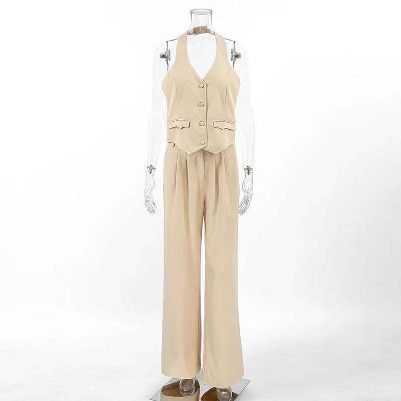 European and American Sexy Backless Halter Top Trousers Set Hanging Neck Vest and Pants Set