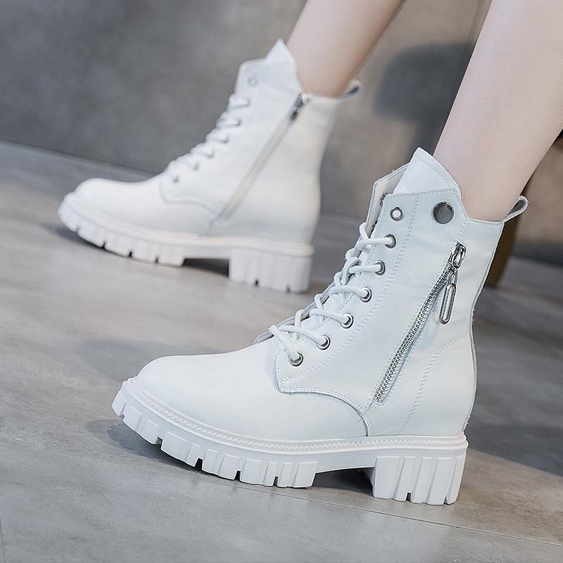 Autumn and Winter Genuine Leather Platform Women Height Increasing Insole British Casual Side Zipper Student Shoes Women Skinny Boots